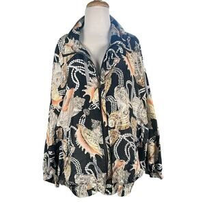 Nautical Coastal Luxury CoAco 100% Silk Shell Print Bomber Jacket 2X Zip Front